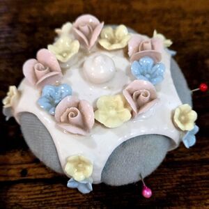 Vintage Porcelain Crown Cushion, pink blue yellow flowers, hard to find
